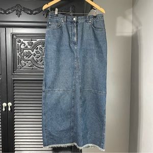 Vintage 90's Ralph Lauren Denim Fringe Maxi Skirt 10 Cotton Long Slit 32x37